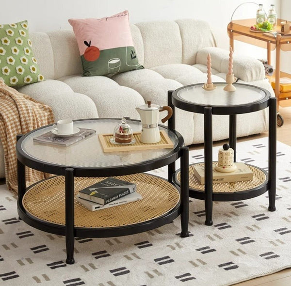 Modern bohemian natural wood and rattan coffee table set