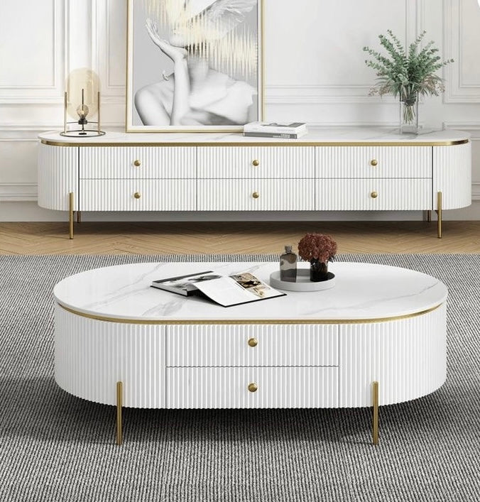Кофейный столик Coala Table с мраморной столешницей и столешницей из нержавеющей стали.